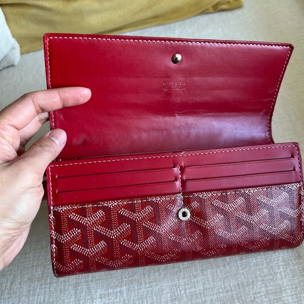 Authentic Goyard Red Long Wallet Leather Goyardine